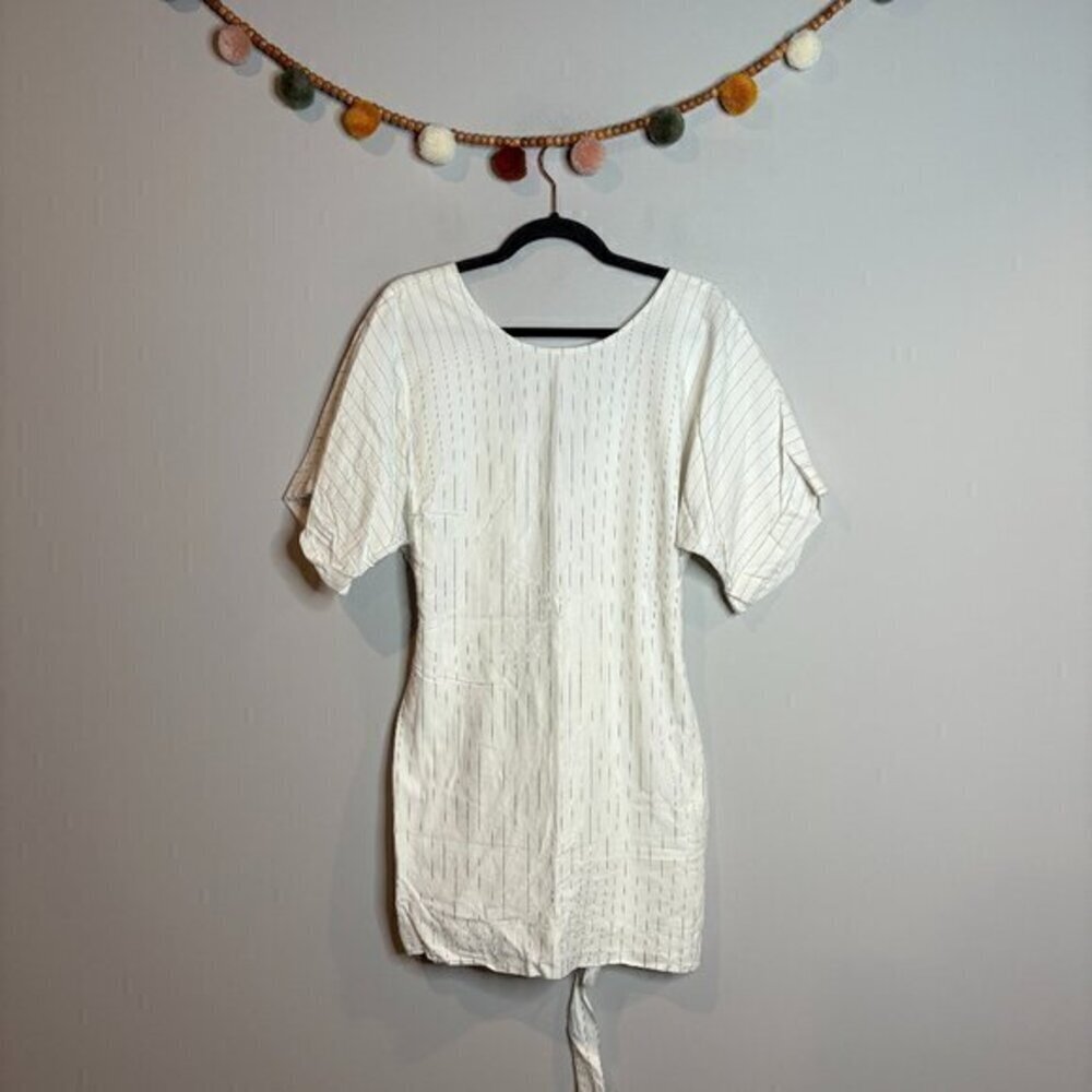 Bimba y Lola white pinstriped linen blend tie back dress